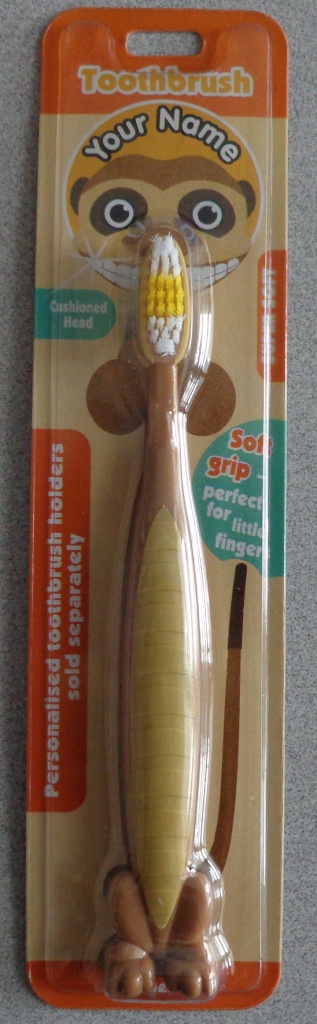 A NOVELTY TOOTHBRUSH FOR CHILDREN. MADE OF PLASTIC. DECORATIVELY MOULDED WITH SOFT GRIP AREA IN THE CENTRE OF THE HANDLE AND PAWS ON THE LOWER END. COLOUR: BROWN. SUITABLE FOR CHILDREN 3 YEARS AND OVER. PACKAGED IN A PRINTED DISPLAY BLISTER PACK.