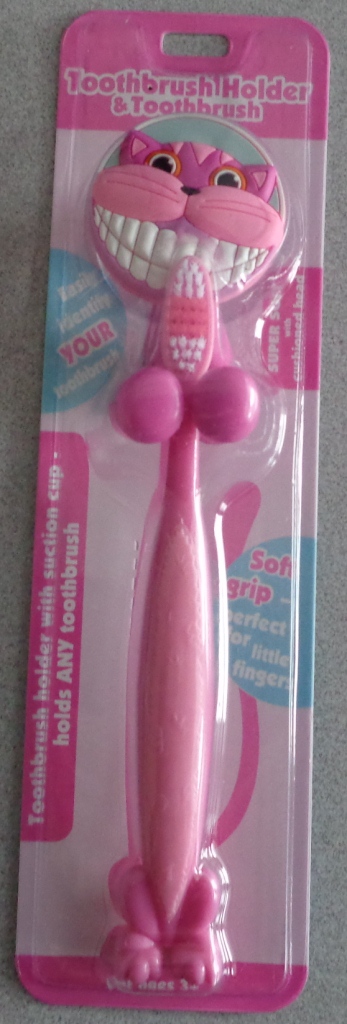 A TOOTHBRUSH WITH HOLDER. THE HOLDER IS MADE FROM PLASTIC WITH A ROUND FACE REPRESENTING A NON-HUMAN CREATURE AND HAS TWO LEGS WHICH FORM THE CRADLE IN WHICH THE TOOTHBRUSH SITS. NOVELTY TOOTHBRUSH INCLUDED, ALSO MADE OF PLASTIC AND DECORATIVELY MOULDED WITH SOFT GRIP AREA IN THE CENTRE OF THE HANDLE AND PAWS ON THE LOWER END. COLOUR: PINK. HOLDER IS FITTED WITH A SUCTION CUP TO ENABLE ADHESION TO BATHROOM SURFACES. SUITABLE FOR CHILDREN 3 YEARS AND OVER. PACKAGED TOGETHER IN A DISPLAY BLISTER PACK. PACK IS PRINTED WITH DENTAL ADVICE AND ALSO WITH INFORMATION ABOUT THE PRODUCT AND OTHER PRODUCTS IN THE RANGE.