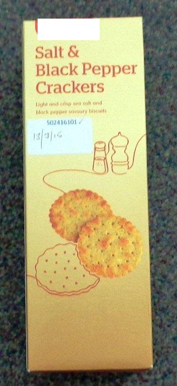 A 185G PACK OF SALT AND BLACK PEPPER CRACKERS. SAVOURY BISCUITS. INGREDIENTS; WHEAT FLOUR (WHEAT FLOUR, NIACIN, IRON, THIAMIN, RIBOFLAVIN, FOLIC ACID), SUNFLOWER OIL,YEAST AUTOLYSATE, CORN STARCH, PEPPER, SEA SALT, SALT, SUGAR, WHEY POWDER (MILK), CANE SUGAR SYRUP, FLAVOURING, YEAST. PACKED IN A PLASTIC INNER SLEEVE WITHIN A PRINTED CARDBOARD BOX.