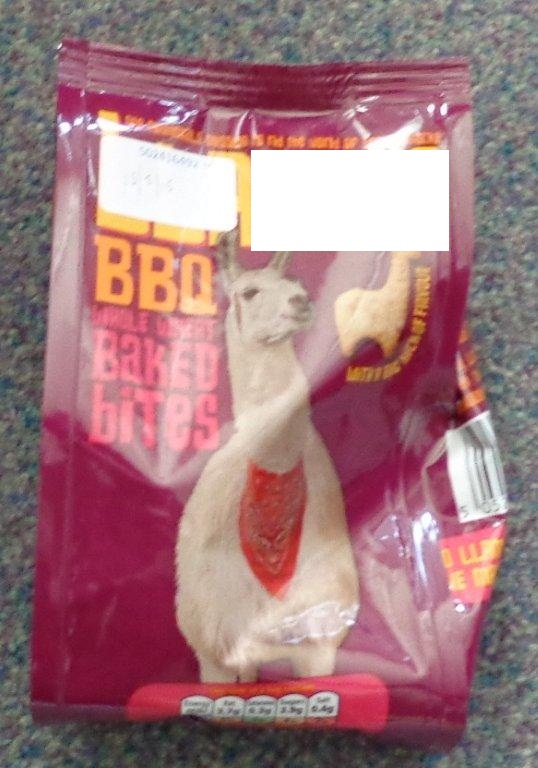 A 150G PACK OF BARBEQUE CRACKERS IN THE SHAPE OF LLAMAS. INGREDIENTS; WHEAT FLOUR (WHEAT FLOUR, NIACIN, IRON, THIAMIN, RIBOFLAVIN , FOLIC ACID), WHOLEWHEAT FLOUR, SUNFLOWER OIL, SUGAR, WHEATGERM, BARBEQUE SEASONING (3%), CORN STARCH, INVERT SUGAR SYRUP, SALT, BARLEY MALT EXTRACT,RAISING AGENT (SODIUM BICARBONATE) YEAST, ONION POWDER, COLOURS (TURMERIC, ANNATTO), BBQ SEASONING CONTAINS: SUGAR, SALT, ONION POWDER, YEAST, TOMATO POWDER, GARLIC POWDER, FLAVOURING, CARAMELISED SUGAR, ACID (CITRIC ACID), CAYENNE PEPPER, MALTODEXTRIN, COLOUR (PAPRIKA EXTRACT). PACKED IN A PRINTED FOIL FILM BAG.