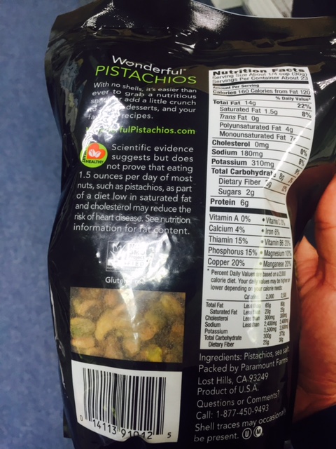 ROASTED AND SALTED SHELLED PISTACHIOS. INGREDIENTS INCLUDE  PISTACHIOS, SEA SALT. PACKAGED IN 680G PER BAG