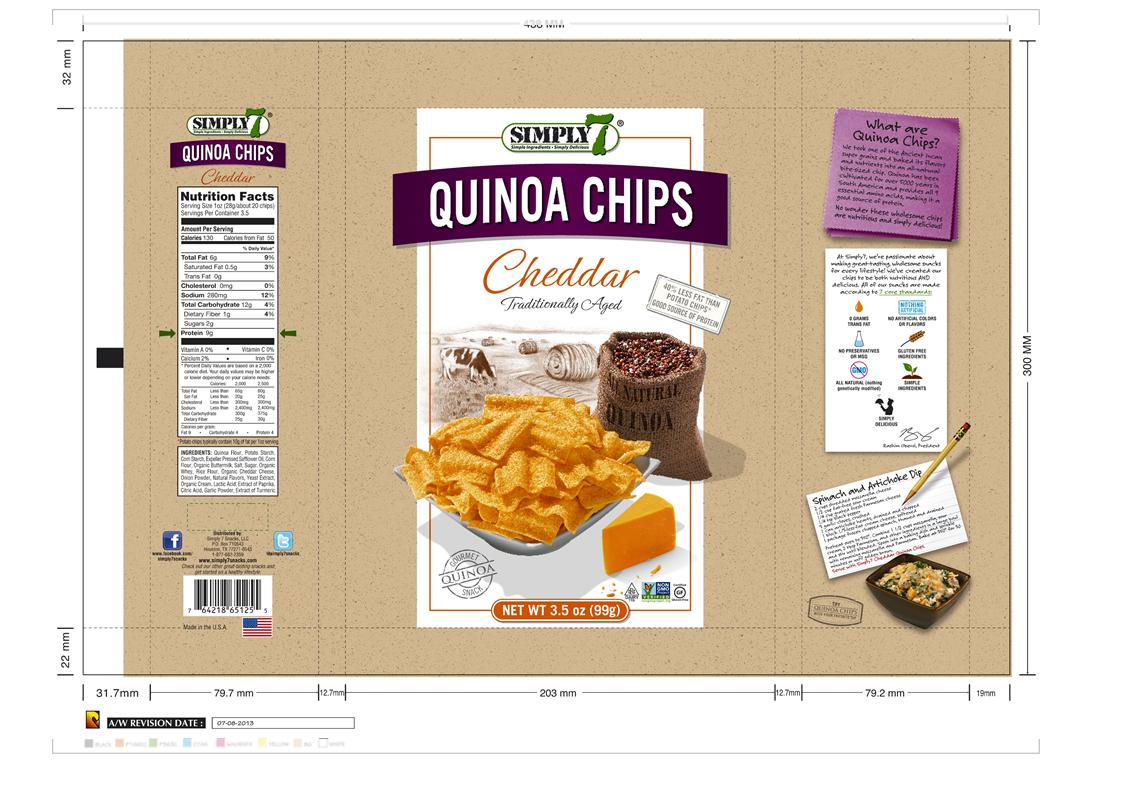 QUINOA CHIPS CHEDDAR
AIRPOPPED - EXPANDED PRODUCTS
INGREDIENTS: QUINOA FLOUR, POTATO STARCH, CORN STARCH, EXPELLER PRESSED SAFFLOWER OIL, CORN FLOUR, ORGANIC BUTTERMILK.