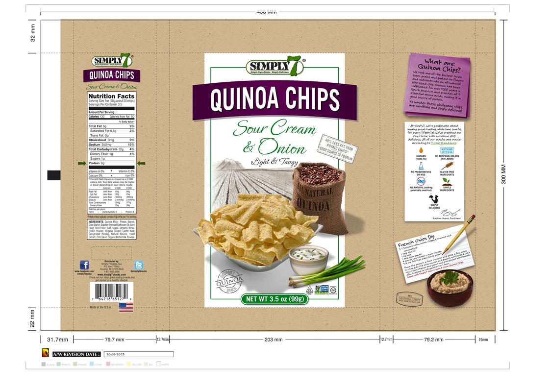 QUINOA CHIPS SOUR CREAM AND ONION
AIRPOPPED - EXPANDED PRODUCTS
INGREDIENTS: QUINOA FLOUR, POTATO STARCH, CORN STARCH, EXPELLER PRESSED SAFFLOWER OIL, CORN FLOUR, RICE FLOUR.