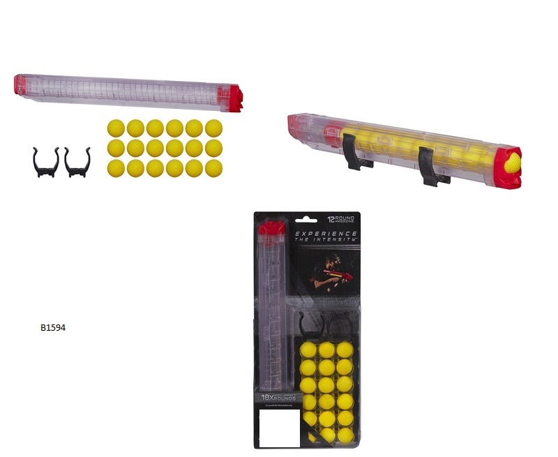 A SET CONSISTING OF A MAGAZINE REFILL AND FOAM BALLS FOR USE WITH A  TOY BLASTING GUN (SOLD SEPERATELY).  PACKAGED IN A HANGING DISPLAY PACK