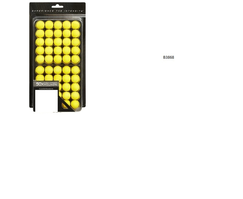 A REFILL PACK CONTAINING 50 HIGH IMPACT FOAM BALL ROUNDS FOR USE WITH A TOY BLASTING GUN (SOLD SEPERATELY).  PACKAGED IN A HANGING DISPLAY PACK FOR RETAIL SALE