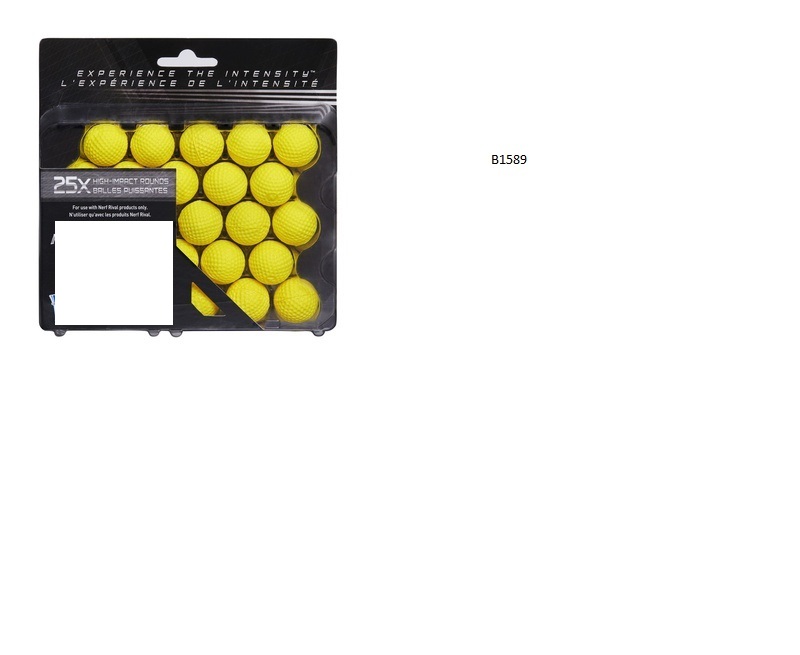 A REFILL PACK CONTAINING 25 HIGH IMPACT FOAM BALL ROUNDS FOR USE WITH A TOY BLASTING GUN (SOLD SEPERATELY). PACKAGED IN A HANGING DISPLAY PACK