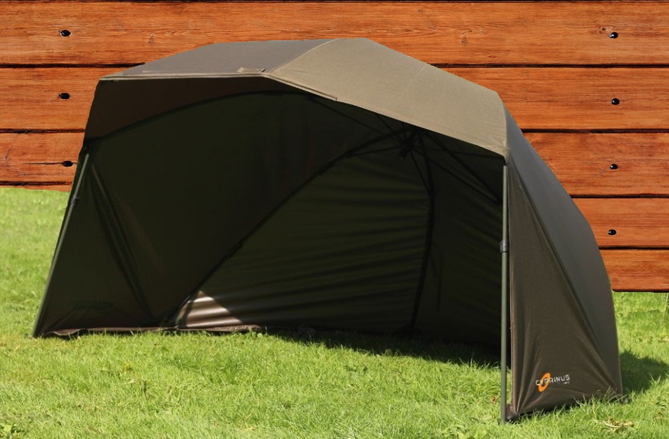 A FISHING SHELTER, COVERED ON THREE SIDES, AND ON TOP. IT HAS A WIDE OPENING AT THE FRONT, AND HAS AN INTERNAL FRAME SIMILAR TO THAT OF AN UMBRELLA. INTENDED TO BE USED TO SHELTER PEOPLE WHILST FISHING. CONTAINED IN A CARDBOARD BOX