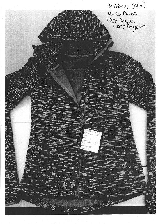 A KNITTED LADIES JACKET. DESIGNED TO COVER THE UPPER PART OF THE BODY FROM THE SHOULDERS TO THE HIPS.  WITH A HOOD. WITH COMPLETE FRONT OPENING FASTENED WITH ZIP.  WITH ZIPPED FRONT POCKETS. GARMENT HEMMED AT BASE AND SLEEVE ENDS. WITH THUMBHOLES AT THE END OF EACH SLEEVE. THE GARMENT IS MADE FROM 100% ACRYLIC OUTER WITH POLYESTER  LINING. NOT ELASTICATED AT HEM OR SLEEVES.
