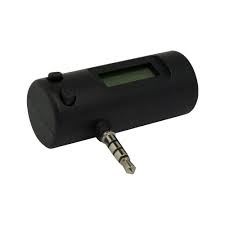 FM TRANSMITTER WITH LCD DISPLAY.  THE FM TRANSMITTER ENABLES MUSIC TO BE PLAYED FROM A MOBILE TELEPHONE THROUGH A CAR STEREO SYSTEM.  IT CONNECTS VIA THE 3.5 MM AUDIO JACK AND IS POWERED BY AN IN-CAR CHARGER, PLUGGED IN TO THECIGARETE LIGHTER SOCKET.
