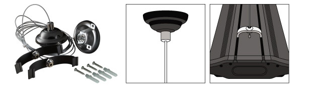A HANGING KIT FOR AN AQUARIUM LIGHTING SYSTEM. THE PRODUCT IS DESIGNED TO BE MOUNTED TO A CEILING TO ALLOW THE LIGHTING UNIT (NOT SUPPLIED) TO BE SUSPENDED ABOVE AN AQUARIUM. THE UNIT IS MADE OF STEEL AND COMES SUPPLIED WITH SCREWS FOR FIXING TO THE CEILING.