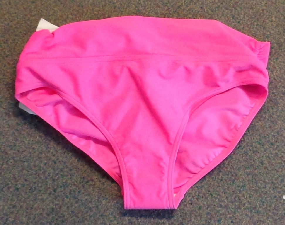 A LADIES HIPSTER, INTENDED AS THE LOWER PART OF A SWIM COSTUME. MADE OF 80% POLYAMIDE AND 20% ELASTINE. TO BE WORN WITH A BIKINI TOP OR A TANKINI. HAS A BROAD WAISTBAND, MEASURING 10 CMS AT THE SIDES. PINK IN COLOUR