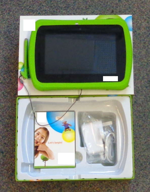 A TABLET COMPUTER WITH A 7 INCH SCREEN DESIGNED FOR CHILDREN. OPERATING SYSTEM BASED ON ANDROID 4.4 WITH 16GB OF MEMORY. FEATURES QUAD-CORE PROCESSOR, WI-FI, 2MP CAMERA, SD CARD SLOT, STYLUS AND 20+ APPS.  INITIAL OUT-OF-THE-BOX SETUP ALLOWS CHILDREN TO ACCESS ONLY CHILD-SAFE, AGE-APPROPRIATE WEB CONTENT. PARENTS CAN THEN ADD NEW WEBSITES LATER AS THE CHILD IS READY. FEATURES A REMOVABLE LIME-GREEN PROTECTIVE SILICONE SURROUND AND A CORD TO WHICH THE STYLUS IS ATTACHED. THE STYLUS FITS INTO A RECESS AT THE SIDE OF THE TABLET. PACKAGED IN A PRINTED CARDBOARD BOX WITH INSERT WHICH ALSO CONTAINS A MAINS CHARGER UNIT, MINI USB LEAD AND A SMALL PRINTED CARDBOARD PACK WHICH HOLDS AN INSTRUCTION/PARENT GUIDE LEAFLET. AGE SUITABILITY: 3 YEARS AND OVER.