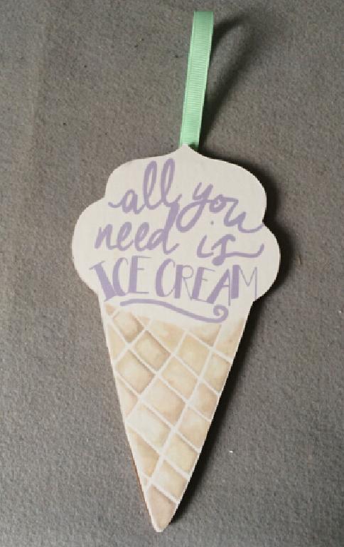 HANGING ICECREAM CONE PLAQUE. MADE OF MDF 85% PAPER 10% RIBBON 5% SPRAY PAINTED, DIGITAL PRINT. RIBBON HANGING LENGTH = 8.5%. THE DESIGN IS PRINTED ONTO PAPER AND STUCK ONTO THE MDF.