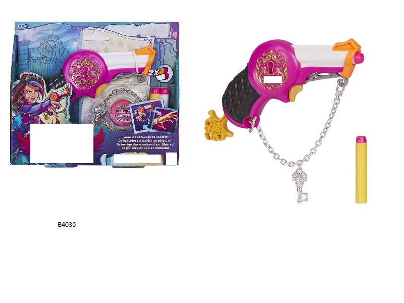 A CHILDRENS TOY IN THE FORM OF A DART BLASTER GUN. THE GUN FIRES ONE DART AT A TIME AND COMES COMPLETE WITH 2 DARTS. THE GUN IS SUPPLIED WITH A CHARM BRACELET CONTAINING 1 CHARM. THE BRACELET IS ATTACHED TO THE GUN OR CAN BE REMOVED AND WORN SEPERATELY. PUT UP FOR RETAIL SALE IN A HANGING DISPLAY PACK. AGE SUITABILITY: 8 YEARS AND UPWARDS.