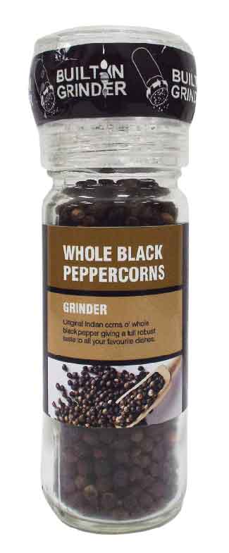 A SINGLE USE, DISPOSABLE PEPPER GRINDER CONSISTING OF A GLASS JAR BODY FILLED WITH PURE BLACK PEPPER. FEATURING A SINGLE USE ACRYLIC GRINDER CAP. THE PEPPER IS GROUND VIA THE GRINDER MECHANISM AND THE PRODUCT IS DISPOSED OF WHEN EMPTY. THE GROUND PEPPER IS USED FOR SEASONING FOOD.