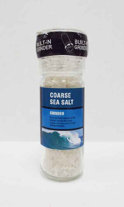 A SINGLE USE, DISPOSABLE SEA SALT GRINDER CONSISTING OF A GLASS JAR BODY FILLED WITH SEA SALT. FEATURING A SINGLE USE ACRYLIC GRINDER CAP. THE SEA SALT IS GROUND VIA THE GRINDER MECHANISM AND THE PRODUCT IS DISPOSED OF WHEN EMPTY. PACKED IN CARTONS CONTAINING 24 PIECES.