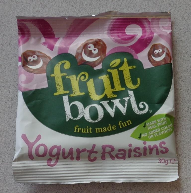RAISINS ENROBED IN A YOGURT FLAVOURED COATING WHICH IS APPLIED BY PANNING. FINISHED PRODUCT IS RAISINS 46%. YOGURT COATING 54%. YOGURT CONTAINS SUGAR. PACKAGED IN 30G BAGS.