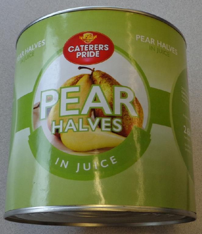 PEAR HALVES IN JUICE. IN A PRINTED TIN. CONTAINING 8.5G  OF SUGAR. NET WEIGHT 2.6KG, DRAINED WEIGHT 1.5KG. INGREDIENTS: PEAR, WATER, PEAR JUICE FROM CONCENTRATE, ACIDITY REGULATOR (CITRIC ACID)