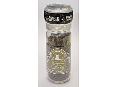 A SINGLE USE, DISPOSABLE PEPPER GRINDER CONSISTING OF A GLASS JAR BODY FILLED WITH PURE BLACK PEPPER. FEATURING A SINGLE USE ACRYLIC GRINDER CAP. THE PEPPER IS GROUND VIA THE GRINDER MECHANISM AND THE PRODUCT IS DISPOSED OF WHEN EMPTY. THE GROUND PEPPER IS USED FOR SEASONING FOOD.