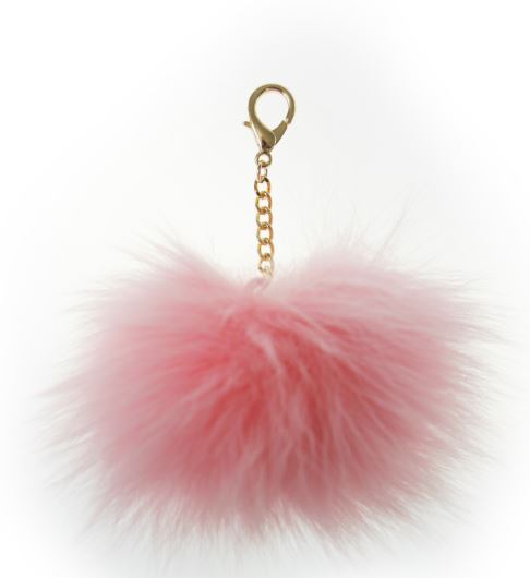 A CHARM IN THE FORM OF A PINK POMPON.MADE FROM ACRYLIC FUR. DESIGNED AS AN ACESSORY FOR DECORATIVE USE, FOR EXAMPLE CAN BE HUNG ON A HANDBAG OR OTHER ITEM. FEATURES GOLD STYLE CHAIN WITH CLIP FOR ATTACHMENT PURPOSES.