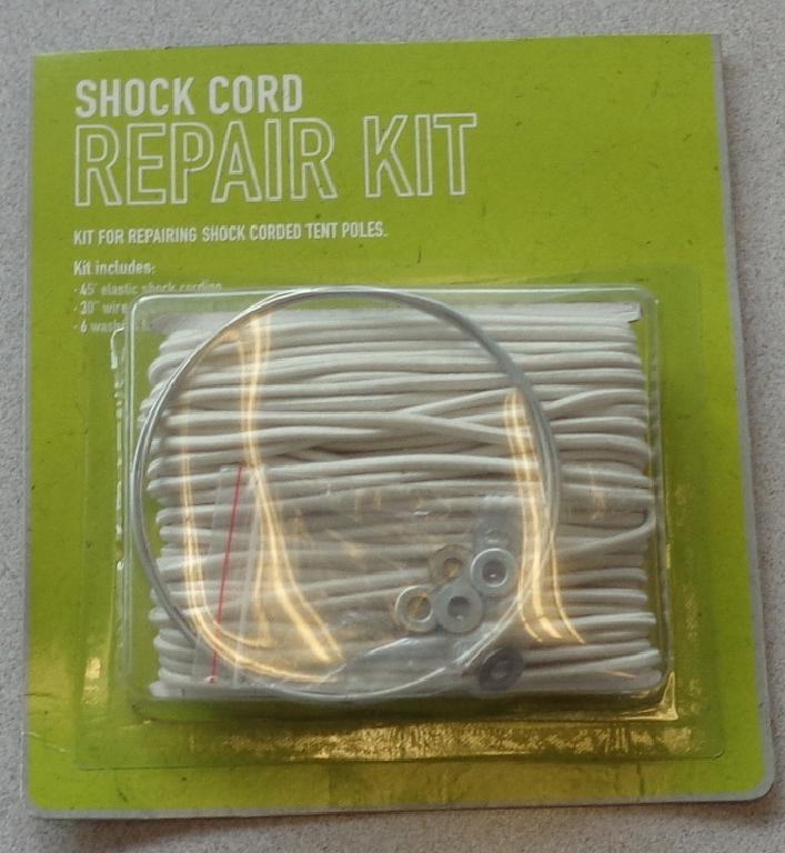 SHOCK CORD REPAIR KIT CONSISTING OF 45' ELASTIC SHOCK CORDING, 30" WIRE AND 6 SMALL WASHERS. USED FOR REPAIRING SHOCK CORDED TENT POLES. PACKAGED IN A BLISTER PACK, ON A GREEN CARD BACKING.