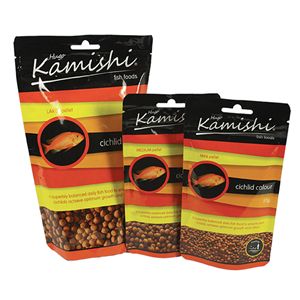 PROCESSED FISH FOOD FOR CICHLID AQUARIUM FISH, IN PELLET FORM. CONTAINS FISH MEAL, WHEAT FLOUR, SOYABEAN MEAL, CORN MEAL, WHEAT GERM, SEAWEED MEAL, ALFALFA MEAL, YEAST, TRACES OF GARLIC, VITAMINS AND MINERALS. PACKAGED IN 57 AND 250 GRAM SEALED PACKETS.