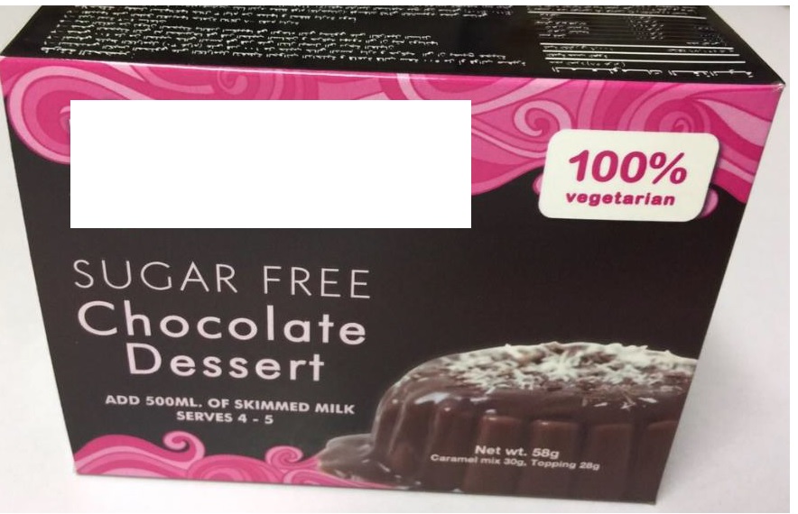 AN 58G PACK OF VEGETARIAN  SUGAR FREE CHOCOLATE DESSERT MIX. .INGREDIENTS: MALTODEXTRIN , COCOA POWDER, CORN STARCH, CHOCOLATE FLAVOUR, CARRAGEENAN, TRICALCIUM PHOSPHATE, ACESULFAME-K, ASPARTAME), SALT), COLOUR (E110) SUNSET YELLOW), COLOUR (E122) CARMOISINE, COLOUR (E133) BRILLIANT BLUE.