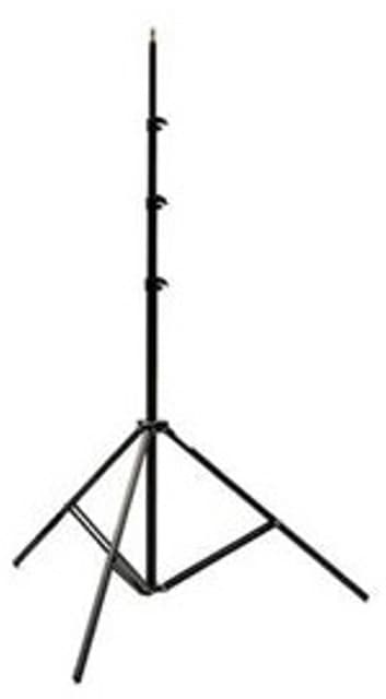 A  FOUR SECTION STANDARD LIGHTING STAND, FOR LIGHTING AND FLASH LIGHTS USED IN PHOTOGRAPHIC APPLICATIONS.  THE STAND IS MADE OF ALUMINIUM, PAINTED BLACK WITH PLASTIC COLLARS. IT HAS A MINIMUM HEIGHT OF 99CM AND A MAXIMUM HEIGHT OF 310 CM.  IT IS SUPPLIED IN A CARRY BAG WITH LOGO.