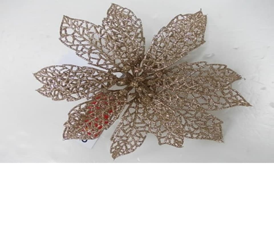 GLITTER MOULDED POINSETTIA WITH A CLIP, ATTACHED WITH A 7-8 CM PIECE OF ORGANZA STRING FOR HANGING FROM A CHRISTMAS TREE. MADE OF 100% PVC, USED AS A DECORATIVE ITEM.