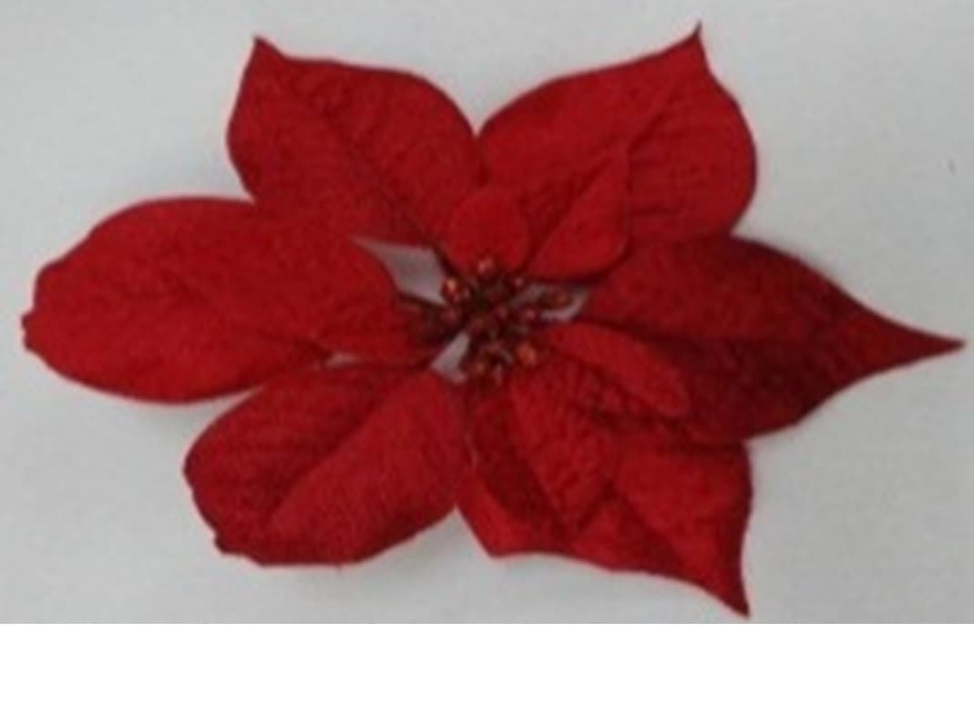 RED TEXTILE AND GLITTER POINSETTIA FLOWER WITH A CLIP, ALSO ATTACHED WITH A 7-8CM PIECE OF STRING THAT CAN BE USED FOR HANGING PURPOSES. MADE OF 65% POLYESTER, 25% PVC, 10% IRON. USED AS A DECORATIVE ITEM.