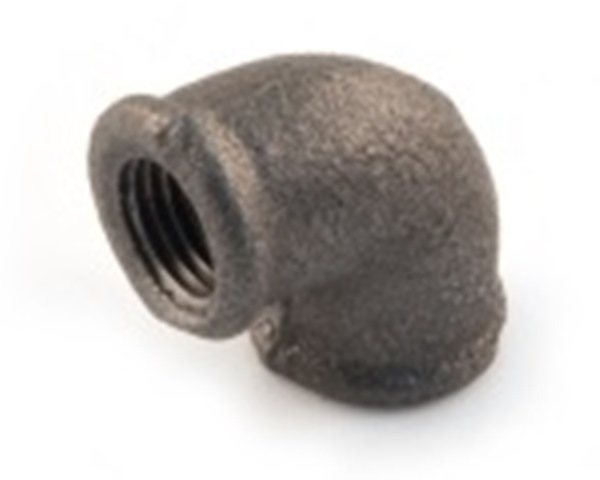 A HALF INCH INTERNALLY THREADED (BOTH ENDS) 90 DEGREE EQUAL ELBOW.  THE ELBOW IS A PIPE FITTING MADE OF MALLEABLE CAST IRON, INTENDED FOR USE IN PLUMBING APPLICATIONS.