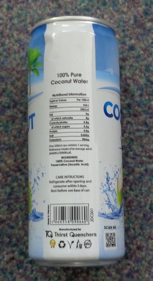 100% COCONUT WATER. CONTAINED IN ALUMINIUM CANS OF 330ML. NATURAL SUGAR CONTENT OF 5.5%