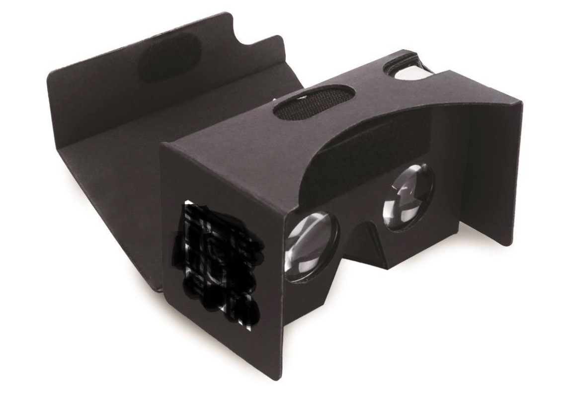 VIRTUAL REALITY GOGGLES WHICH CONSIST OF A PAPER CARDBOARD CASING AND ACRYLIC LENSES. THE GOGGLES HAVE NO ELECTRICAL COMPONENTS AND ARE PURELY FOR HOLDING A SMARTPHONE TO VIEW VR APPLICATIONS.