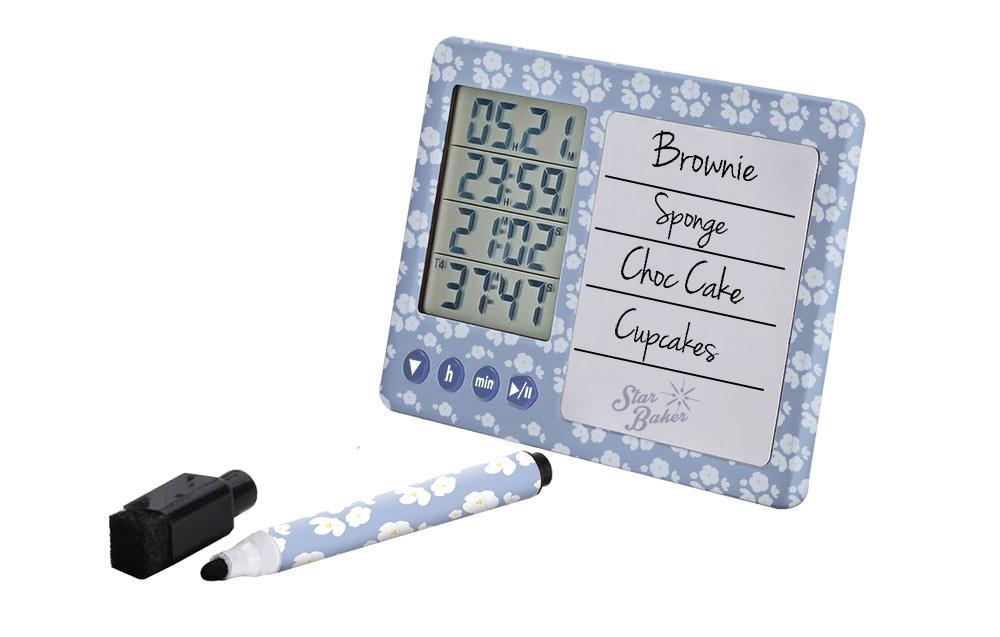 AN ELECTRIC DIGITAL  MULTI TIMER WITH WHITEBOARD. IT HAS FOUR DIFFERENT TIMERS WHICH WORK SIMULTANEOUSLY ALLOWING A BAKER TO TIME SEPARATE BAKES AT THE SAME TIME. THE WHITE BOARD SECTION AT THE SIDE ALLOWS THE BAKER TO IDENTIFY THE BAKES EACH TIMER RELATES TO . COMES PACKAGED WITH A WHITE BOARD MARKER PEN WITH ERASER TOP. BATTERY OPERATED. COMES PACKAGED FOR RETAIL SALE IN A CARDBOARD BOX.