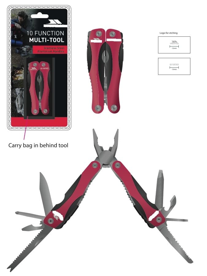 10 FUNCTION MULTI-TOOL, PLIERS, FILE, FLAT SCREWDRIVER, TIN OPENER, PRY, WOOD SAW, FISH SCALER/RULER, BOTTLE OPENER, PHILLIPS SCREWDRIVER, KNIFE. THE PRODUCT IS MADE FROM STAINLESS STEEL AND ALUMINIUM AND HAS A POLYESTER POUCH. DIMENSIONS: 100MM L X 46MM W X 22MM H.