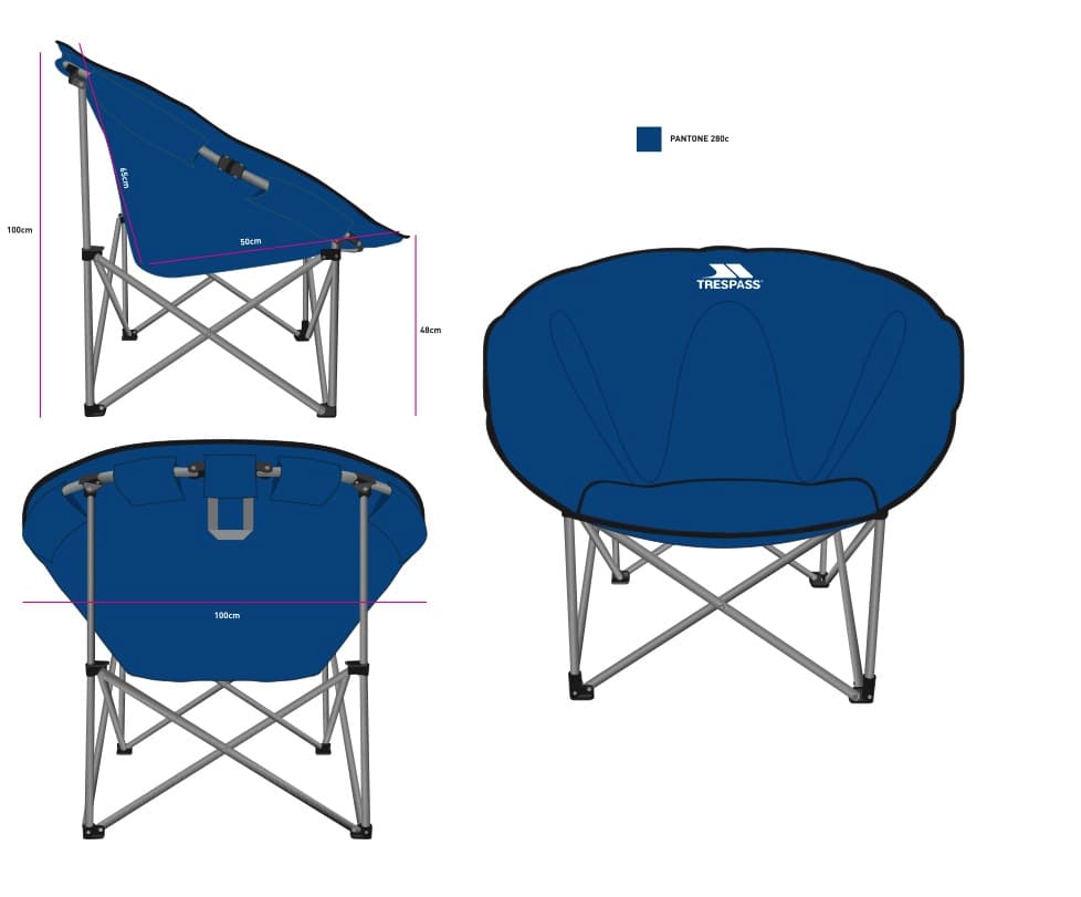 FOLDING PADDED MOON CHAIR WITH A STEEL FRAME. THE CHAIR FOLDS VERTICALLY AND IS UPHOLSTERED WITH HARDWEARING FABRIC. THE COMPOSITION IS STEEL, POLYESTER, AND PLASTIC. DIMENSIONS WHEN UNPACKED ARE 80MM(L) X100MM(W) X 100MM(H).