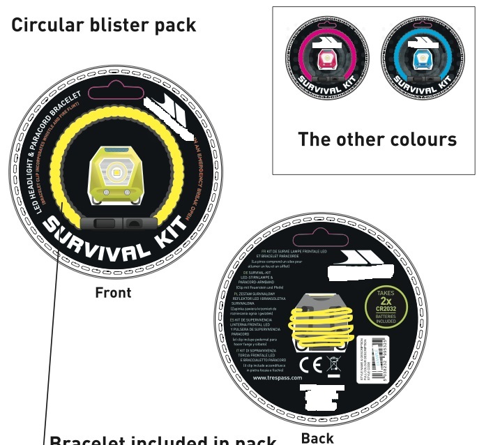 SURVIVAL KIT THAT COMPRISES OF A MICRO LED HEADLIGHT MADE OF POLYPROPYLENE FEATURING ELECTRICAL COMPONENTS AND TWO BATTERIES, A PARACORD BRACELET INCORPORATING 3.4M OF POLYESTER CORD,  A WHISTLE, AND A POLYPROPYLENE CLIP WITH FIRE STEEL AND SMALL STEEL SCRAPER TO STRIKE THE FIRE STEEL.