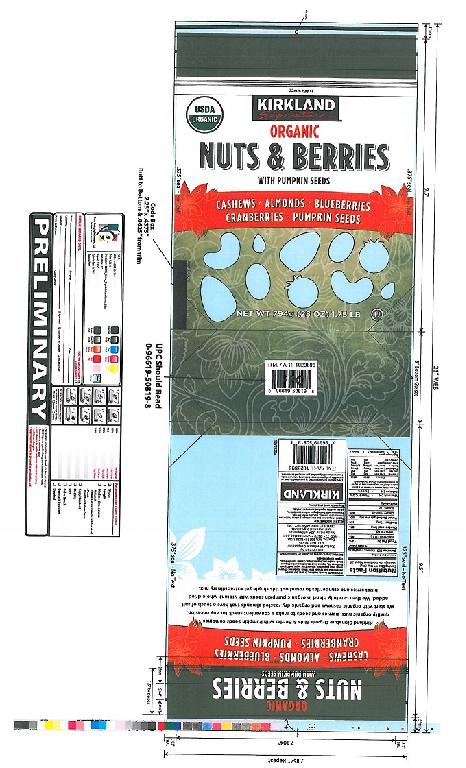 A MIXTURE OF NUTS AND BERRIES WITH CASHEWS, DRY ROASTED ALMONDS, DRIED BLUEBERRIES, DRIED CRANBERRIES, AND PUMPKIN SEEDS. ALSO CONTAINS SUGAR AND SUNFLOWER OIL IN THE BERRIES. THIS SUGAR AMOUNTS TO 15.7% OF THE WHOLE PRODUCT. CONTAINED IN A PACK WITH A NET WEIGHT OF 794 GRAMMES.