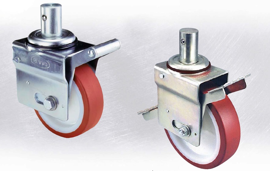 A SCAFFOLDING CASTOR COMPLETE WITH YELLOW NYLON WHEEL. THE DIAMETER OF THE WHEEL IS 150MM WITH A TOLERANCE OF + / - 1.5MM. THE MAJORITY OF THE CASTOR IS MADE FROM HS1 STEEL.