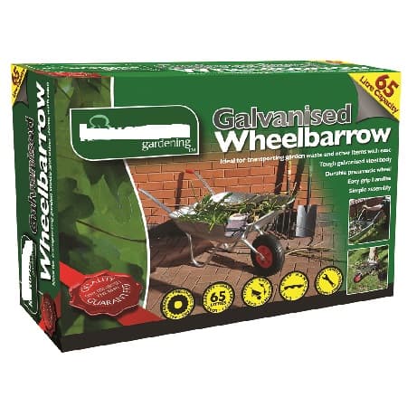 65L GALVANISED METAL WHEELBARROW. FEATURES A GALVANISED STEEL BODY AND FITTED WITH A PNEUMATIC TYRE FOR EASY HANDLING AND MANOEUVRABILITY. MAXIMUM WEIGHT CAPACITY 60KG. DIMENSIONS: L130CMXW60CMXH59CM. PACKED IN A SINGLE CARTON WITH FULL COLOUR LABEL.
