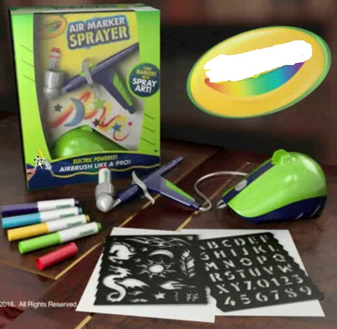 A SET CONSISTING OF 1 AIRBRUSH SPRAYER, 5 PIP-SQUEAK MARKER PENS, 10 SHEETS OF PAPER (8" X 10"), 2 STENCIL SHEETS (8" X 10"). THE AIRBRUSH SPRAYER OPERATES BY LOADING THE MARKER UPRIGHT INTO THE END OF THE SPRAYER WITH THE NIB POINTING DOWN. ONCE PLUGGED IN AND TURNED ON THE SPRAYER DRAWS THE INK FROM THE MARKER AND SPRAYS OUT THE COLOUR OF THE MARKER. THE SPRAYER IS CONNECTED TO A BASE POWER UNIT WHICH IS MAINS OPERATED. THE SPRAYER AND POWER UNIT ARE MADE FROM PLASTIC.