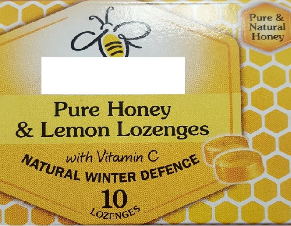 PURE HONEY AND LEMON LOZENGES.
INGREDIENTS: COMPRESSED HONEY, VITAMIN C, NATURAL LEMON FLAVOURING. PUT UP FOR RETAIL SALE IN PACKS OF 10 LOZENGES.