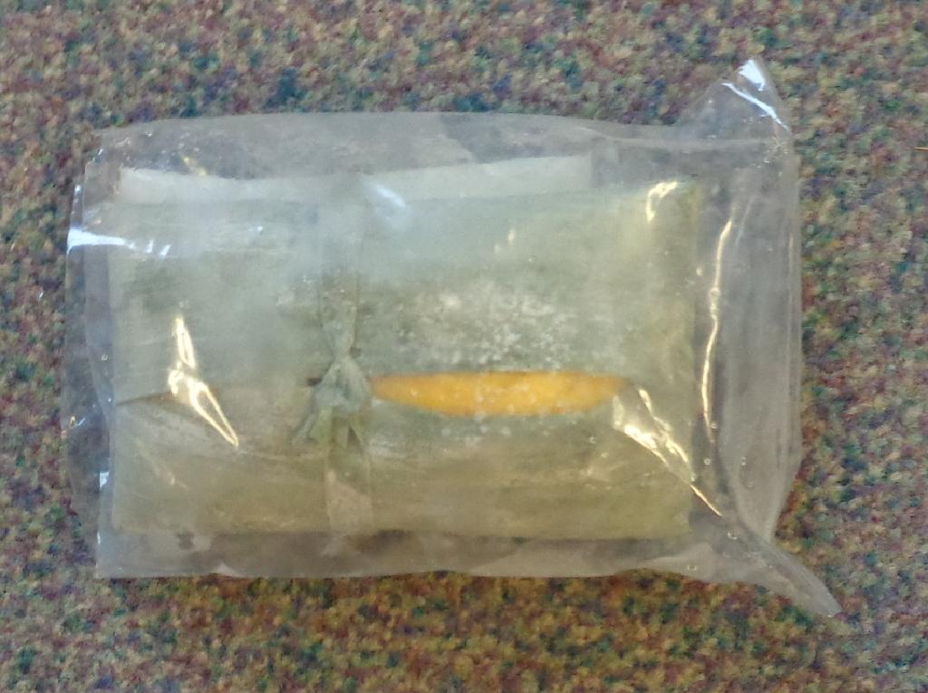 THAI STYLE SWEET COCONUT MANGO RICE, HAND WRAPPED IN A BANANA LEAF, MADE FROM RICE, COCONUT MILK, MANGO, COCONUT JUICE. PACKAGED IN A BRIGHTLY COLOURED CARDBOARD BOX.
