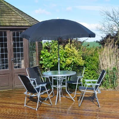 A 6 PIECE GARDEN PATIO FURNITURE SET. COMPRISES OF 4 FOLDING BLACK TEXTILE AND SILVER-GREY POWDER COATED STEEL CHAIRS, AN 80CM ROUND TABLE WITH TOUGHENED GLASS TOP AND A MATCHING 160CM DIAMETER BLACK PARASOL. THE SET COMES PACKAGED FOR RETAIL SALE IN A COLOUR PRINTED CARDBOARD BOX..
