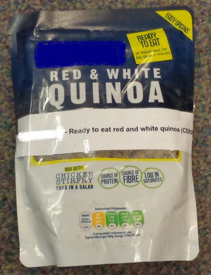 READY TO EAT RED AND WHITE QUINOA. INGREDIENTS INCLUDE: WHITE QUINOA, RED QUINOA & OLIVE OIL. PACKAGED IN A MICROWAVABLE POUCH. CAN BE EATEN COLD STRAIGHT FROM THE POUCH OR PUT IN THE MICROWAVE.