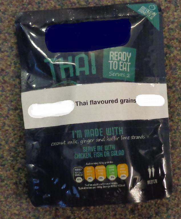 READY TO EAT THAI FLAVOURED GRAINS. INGREDIENTS INCLUDE: WHEATBERRIES, THAI CURRY PASTE, BLACK RICE, OLIVE OIL & KAFFIR LIME LEAVES. PACKAGED IN A MICROWAVABLE POUCH