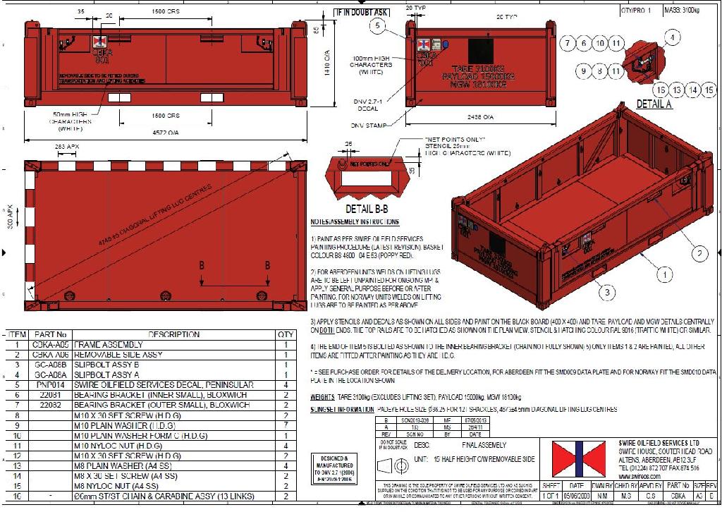 STAINLESS STEEL HALF HEIGHT CONTAINER WITH 1 REMOVABLE SIDE
USED FOR CARRYING GOODS ON AND OFFSHORE
RECTANGULAR SHAPE
COMES WITH LIFTING SLINGS
S/STEEL CHAIN AND CARABINE ASSY