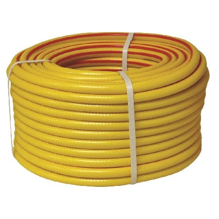 50M YELLOW GARDEN HOSE OF PLASTIC, REINFORCED WITH EXTRA BRAID.  TOUGH KINK-RESISTANT CONSTRUCTION.  PACKED WITH A FULL COLOUR DISPLAY CARD