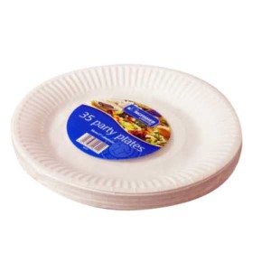 35 PACK OF 7 INCH (18CM) WHITE PAPER DISPOSABLE PLATES. SHRINK WRAPPED WITH A FULL COLOUR STICKER LABEL.