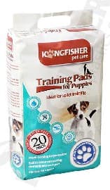 PACK OF 20 PUPPY TRAINING PADS DESIGNED TO SOAK UP URINE DURING PUPPY HOUSE TRAINING. EACH PAD MEASURES 60CM X 40CM AND CONSISTS OF A MULTI-LAYER ABSORBENT CORE CONSTRUCTION WITH A PLASTIC BACKING. THE PAD HAS A NONWOVEN FABRIC TOP SHEET, 3 ABSORBENT LAYERS CONSISTING OF WOOD PULP (40%) SANDWICHED BETWEEN 2 LAYER OF TOILET TISSUE (9%) AT ITS CORE AND A POLYETHYLENE FILM BACK SHEET. PACKAGED IN A FULL COLOUR POLY BAG FOR HANGING ON A DISPLAY.